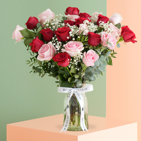 Women's Day 24 Red & Pink Rose Vase