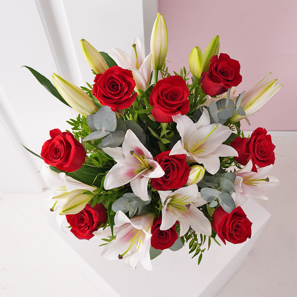Valentine Red Roses and Pink Lilies Vase