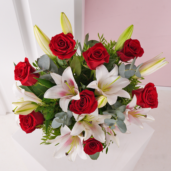 Valentine Red Roses and Pink Lilies Vase