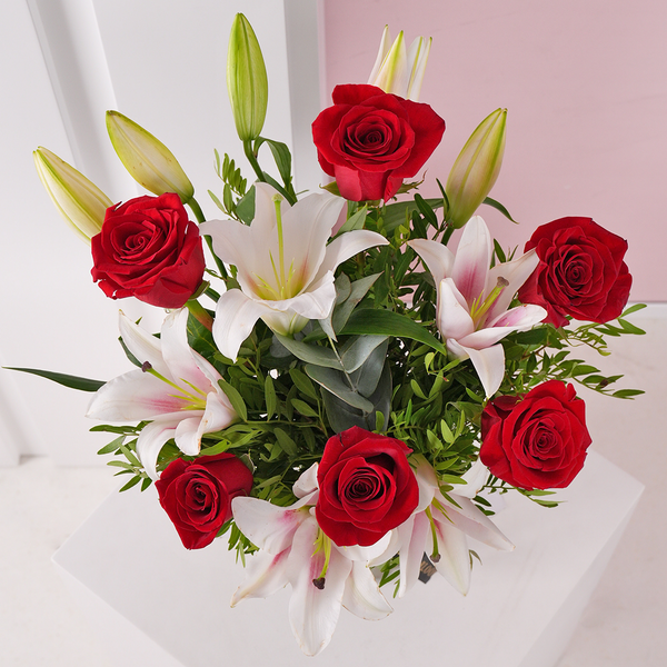 Valentine Red Roses and Pink Lilies Vase