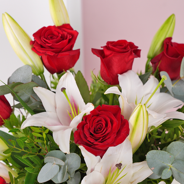 Valentine Red Roses and Pink Lilies Vase