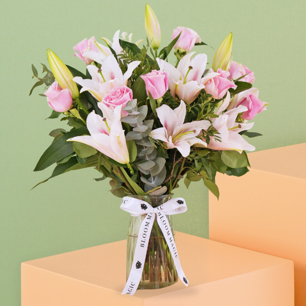 Valentine Pink Roses and Pink Lilies Vase