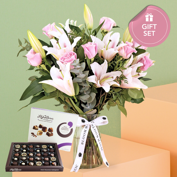 Valentine Pink Roses and Pink Lilies Vase