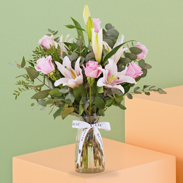 Valentine Pink Roses and Pink Lilies Vase