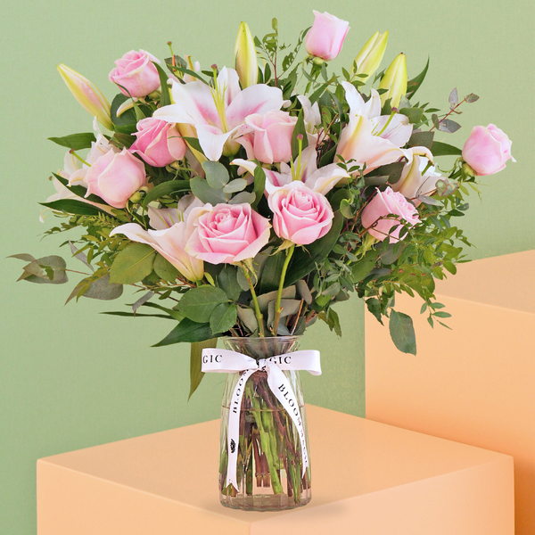 Valentine Pink Roses and Pink Lilies Vase