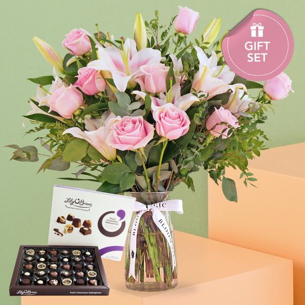 Valentine Pink Roses and Pink Lilies Vase