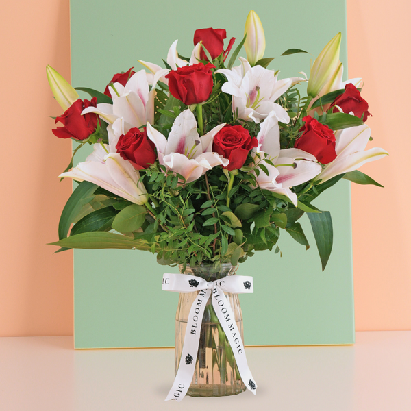 Valentine Red Roses and Pink Lilies Vase