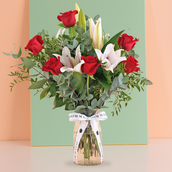 Valentine Red Roses and Pink Lilies Vase