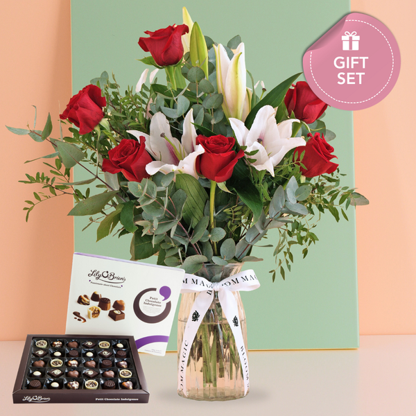 Valentine Red Roses and Pink Lilies Vase