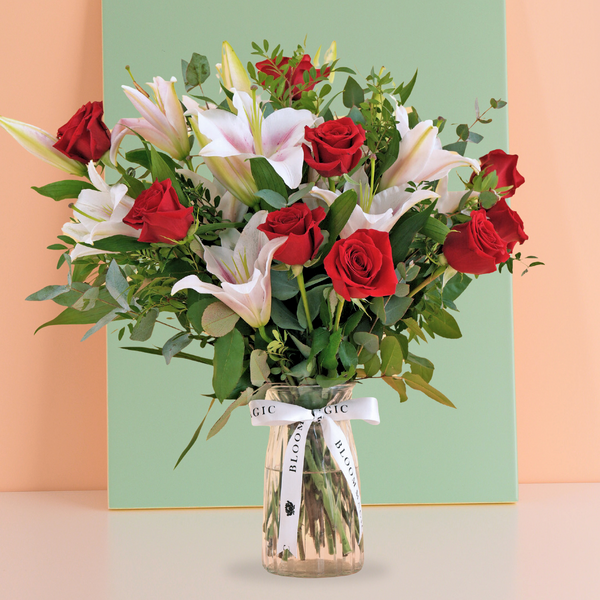 Valentine Red Roses and Pink Lilies Vase