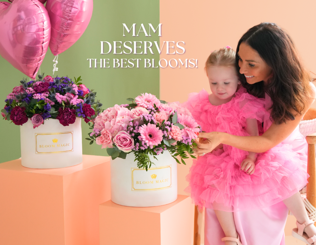 Mother and daughter with two Mother’s Day flower hatboxes