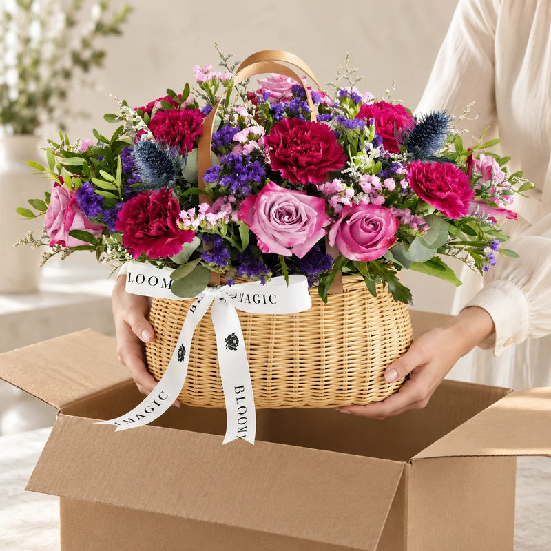 Lifting the woven flower basket upright from its delivery carton