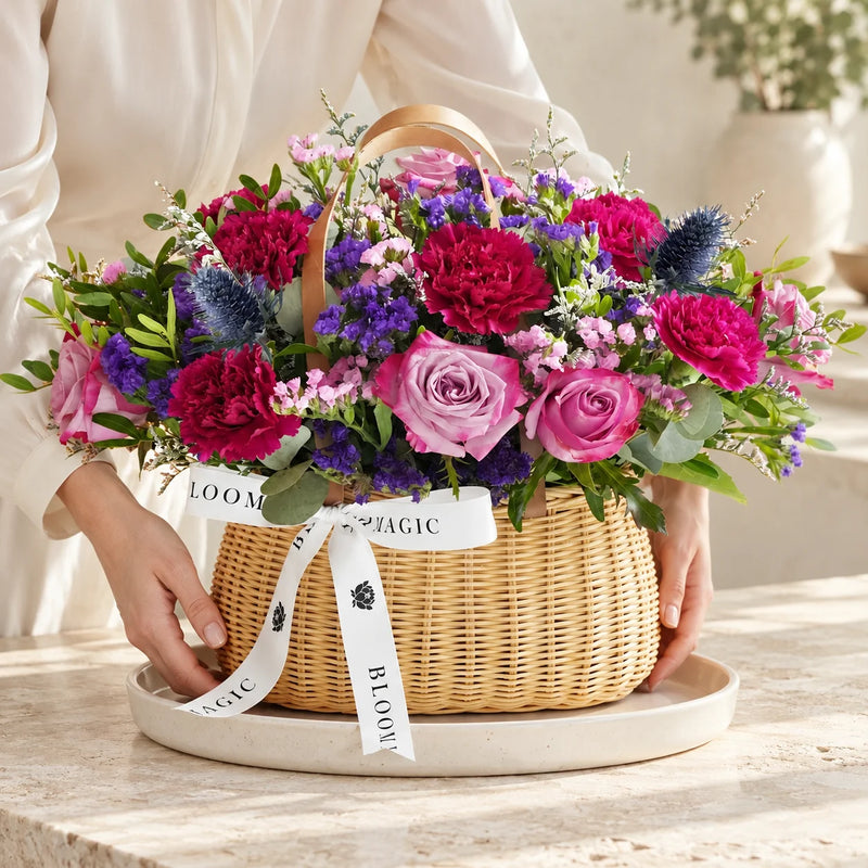 Flower basket standing on a protective tray