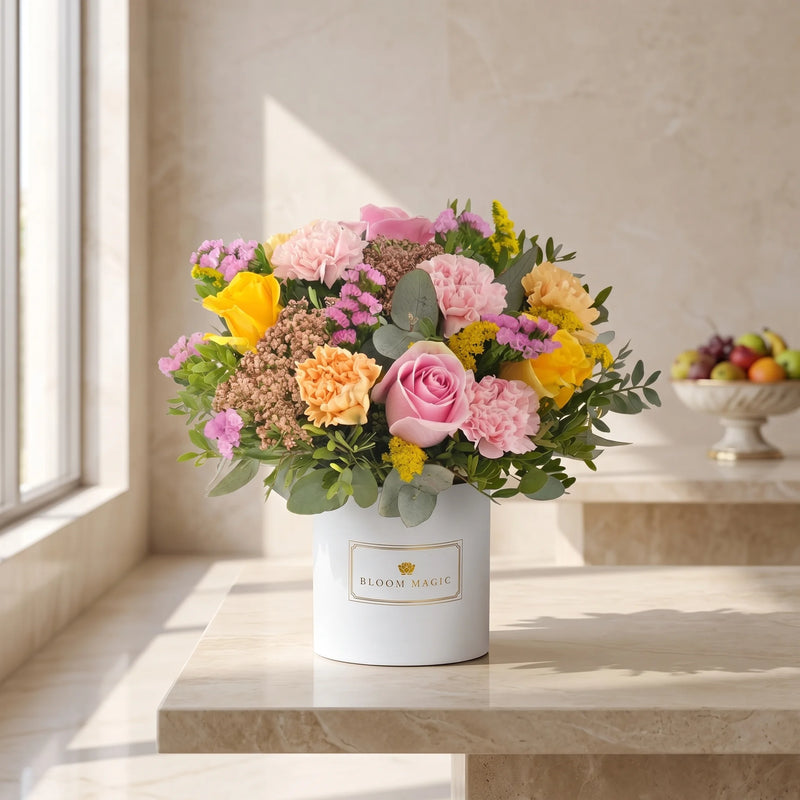 Branded pink hatbox displayed in a cool shaded spot