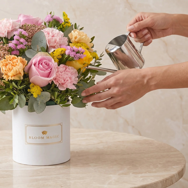 Carefully pouring a little water into the floral foam between hatbox stems