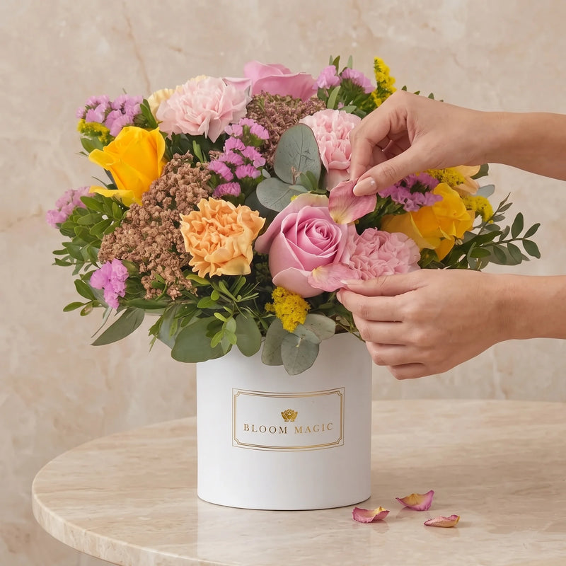 Gently removing a fading flower from the hatbox arrangement