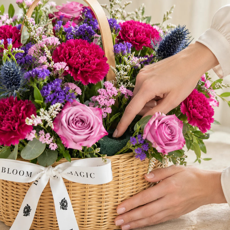 Gently checking the floral foam between basket stems