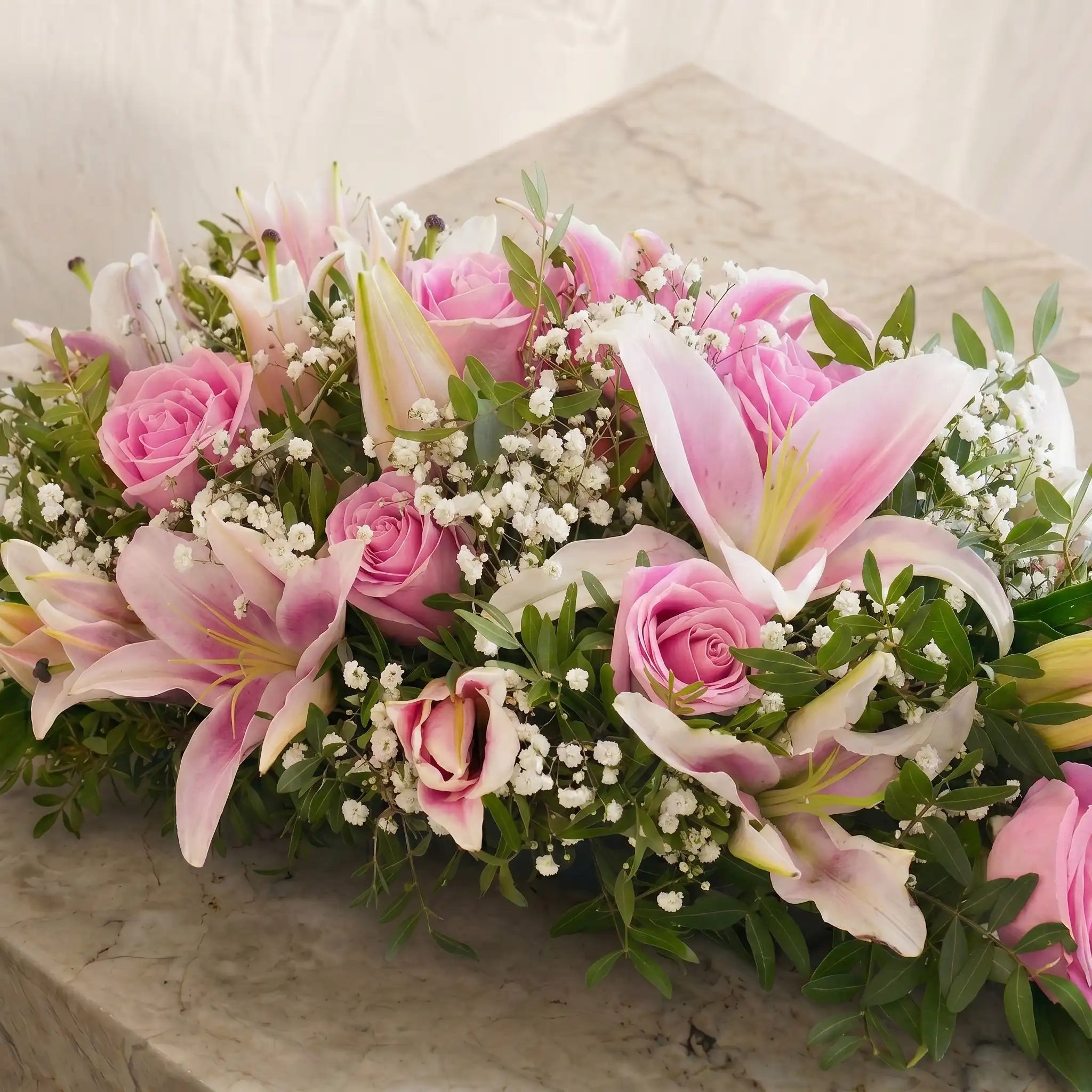 Pink Roses and Pink Lily Funeral Spray