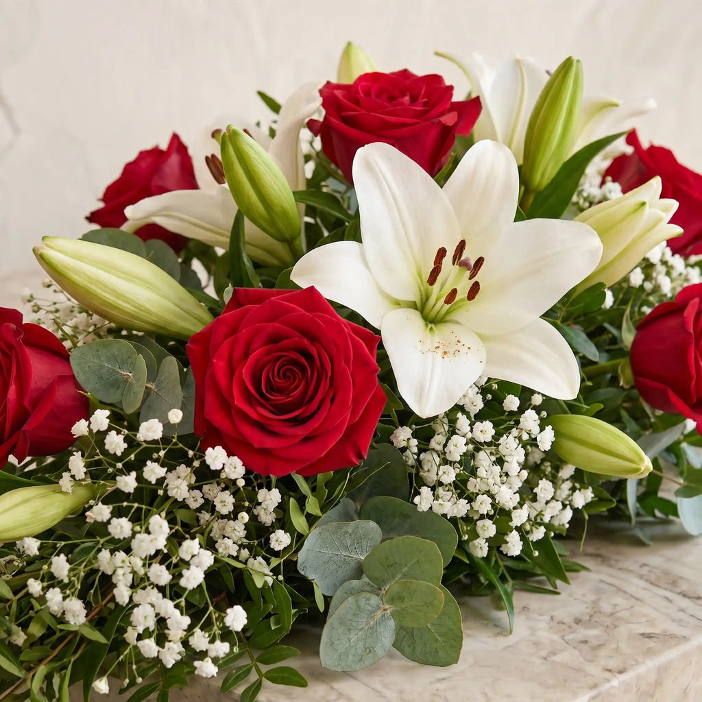 Red Roses and White Lily Funeral Spray