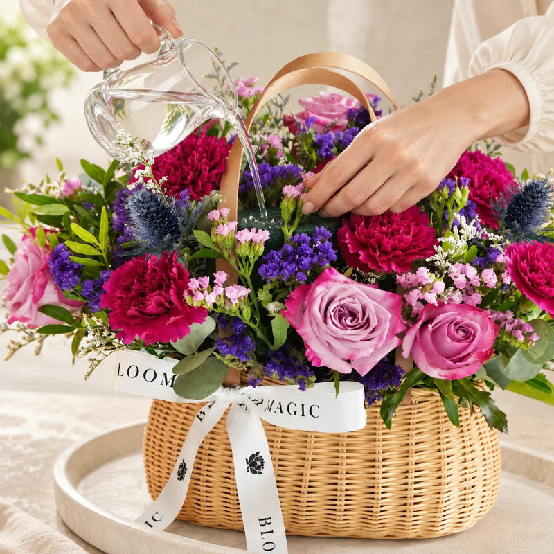 Slowly adding water to the floral foam inside the basket arrangement