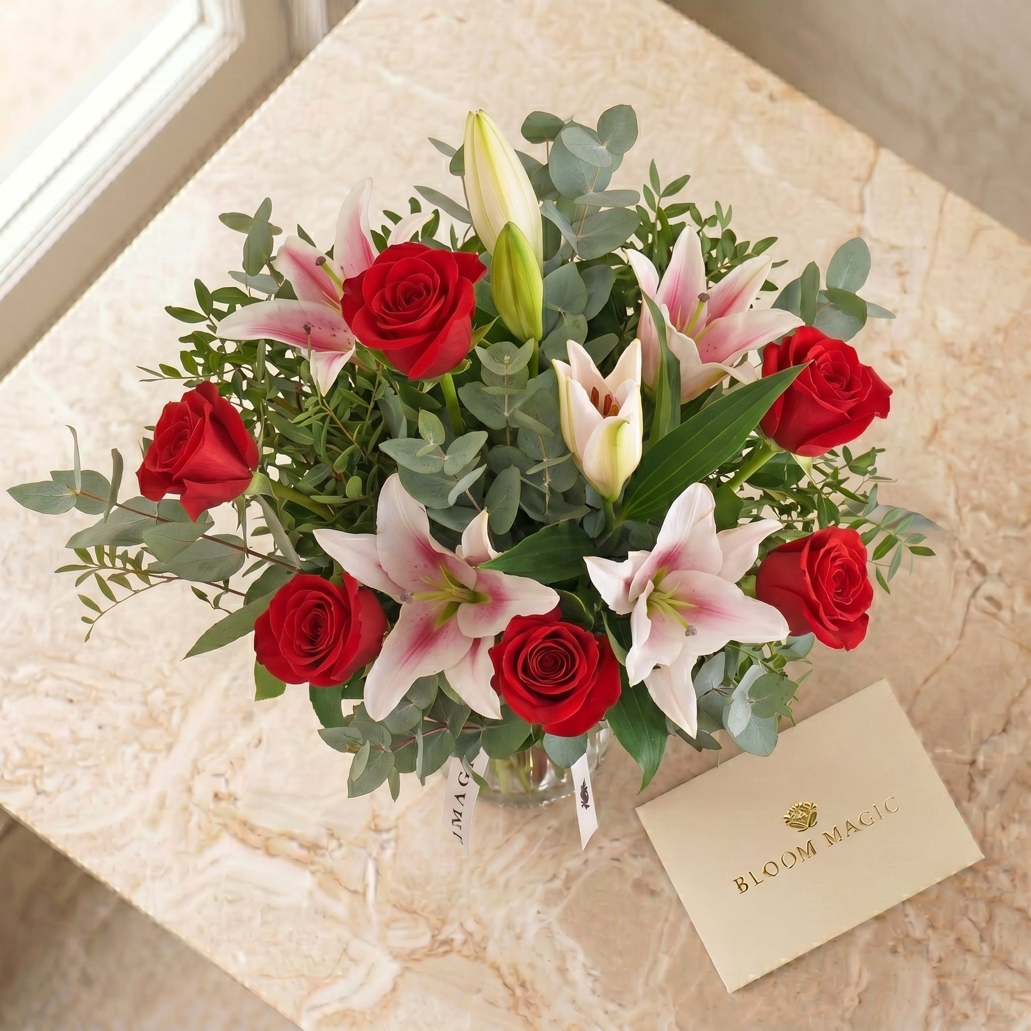 Red Roses and Pink Lilies Vase