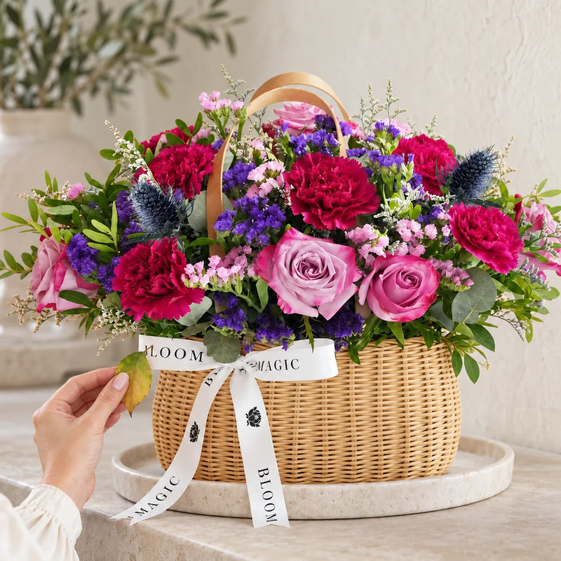Carefully trimming a fading bloom from the basket arrangement