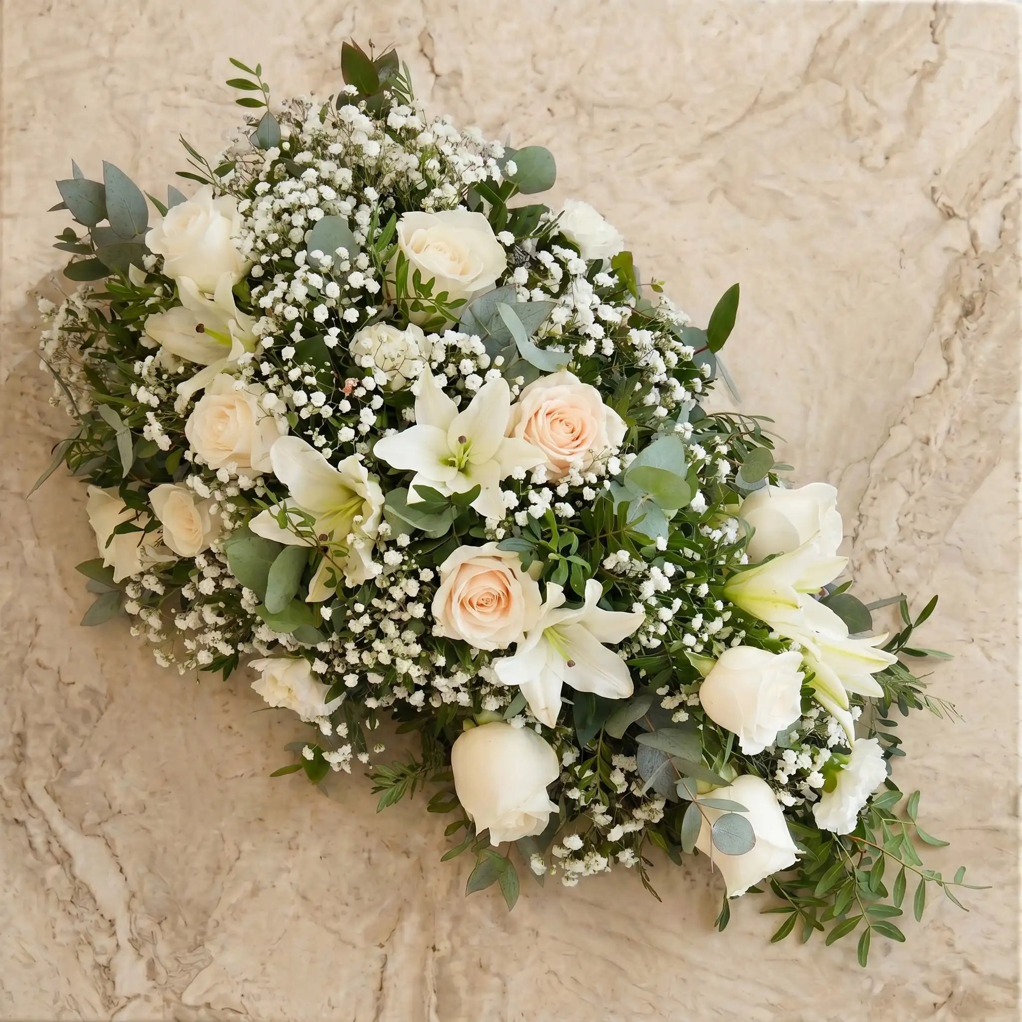 White Roses and White Lily Funeral Spray