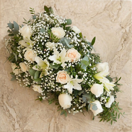 White Roses and White Lily Funeral Spray