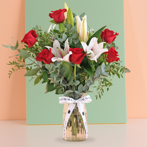 Women's Day Red Roses and Pink Lilies Vase