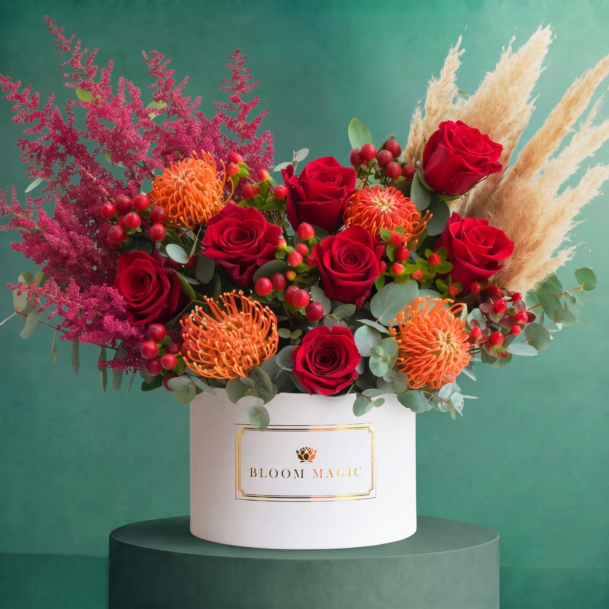 XL Autumn Royale luxury hatbox of deep red roses, orange accents, berries and textured foliage, Bloom Magic
